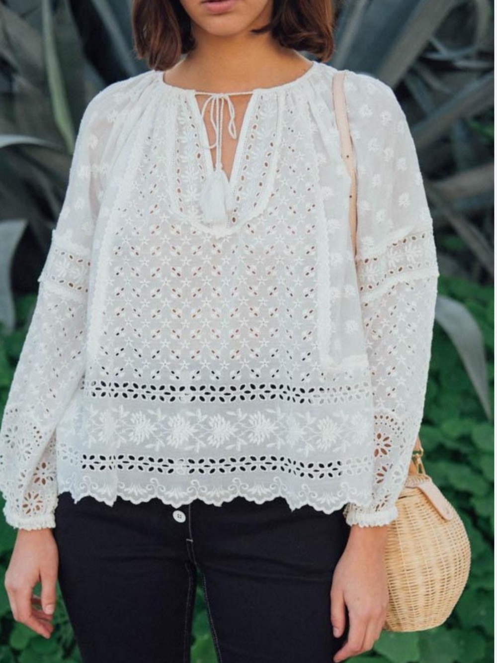 Single Thread Boho White Eyelet Tie-Neck Blouse - Women's Top Size Medium